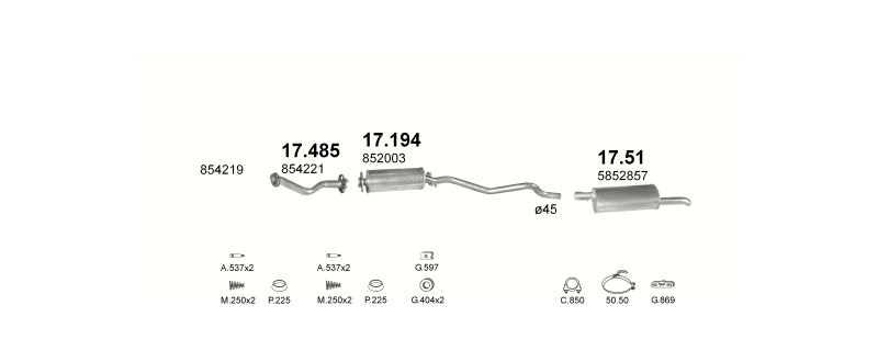 Schéma výfukového systému OPEL KADETT E 1.7 D – automatická převodovka