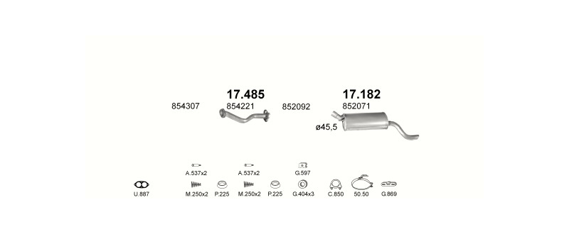 Schéma výfukového systému OPEL KADETT E COMBO 1.7 D – 1.7D AUT COMBO
