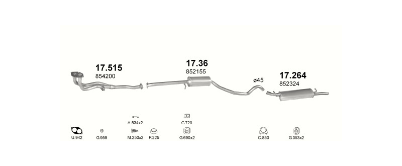 Schéma výfukového systému OPEL VECTRA A 1.6 – manuální převodovka