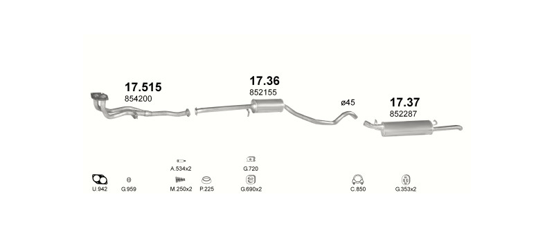 Schéma výfukového systému OPEL VECTRA A 1.6 – manuální převodovka
