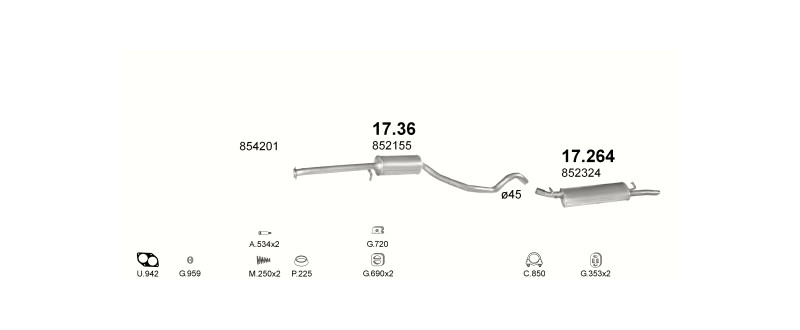 Schéma výfukového systému OPEL VECTRA A 1.6 – automatická převodovka