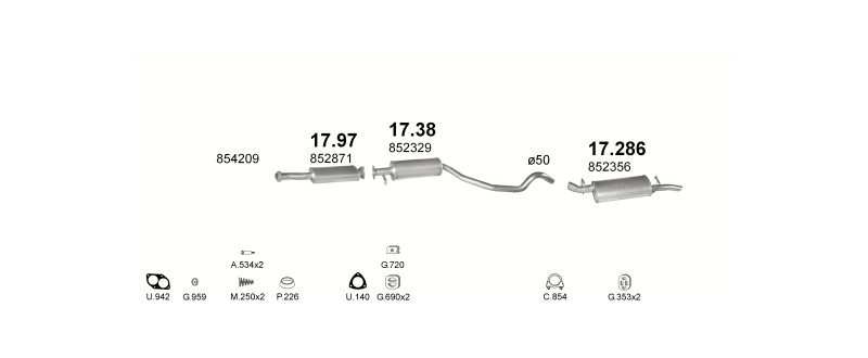 Schéma výfukového systému OPEL VECTRA A 2.0 – manuální převodovka
