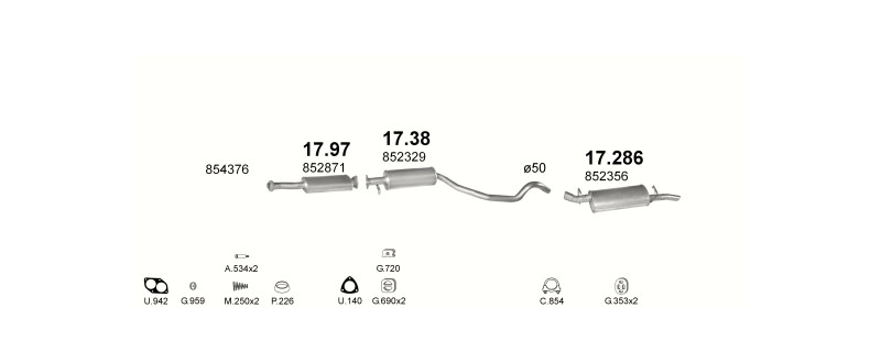 Schéma výfukového systému OPEL VECTRA A 2.0 – automatická převodovka