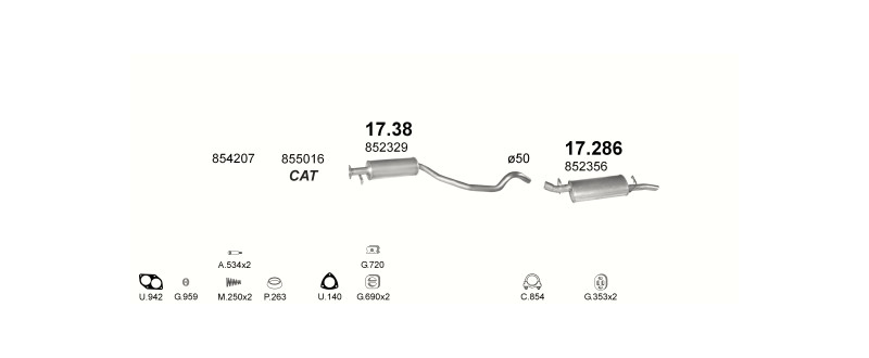Schéma výfukového systému OPEL VECTRA A 2.0 – manuální převodovka