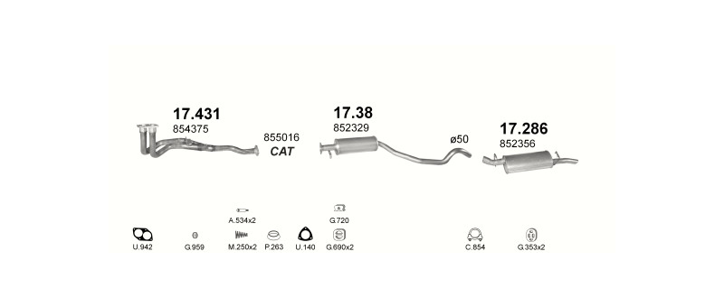 Schéma výfukového systému OPEL VECTRA A 2.0 – automatická převodovka