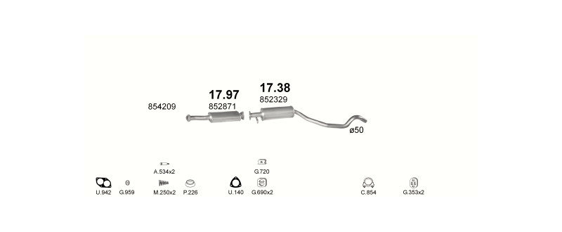 Schéma výfukového systému OPEL VECTRA A 2.0 – manuální převodovka