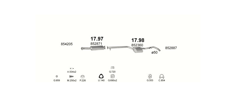 Schéma výfukového systému OPEL VECTRA A 2.0 – 2.0 16V GSI MAN – sestava 1