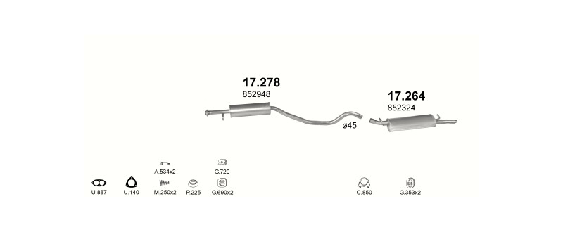 Schéma výfukového systému OPEL VECTRA A 1.7 D – Sestava 2