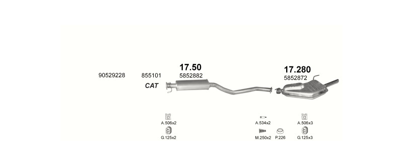 Schéma výfukového systému OPEL VECTRA B 1.6 – 1.6i 16V AUT