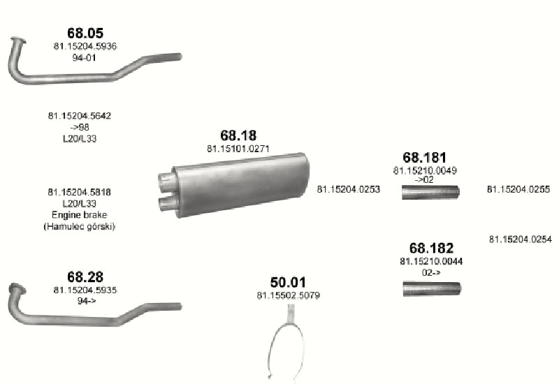 Schéma výfukového systému MAN L2000 4.6 – D0824 LFL L20/L24/L33/L35 – sestava 1
