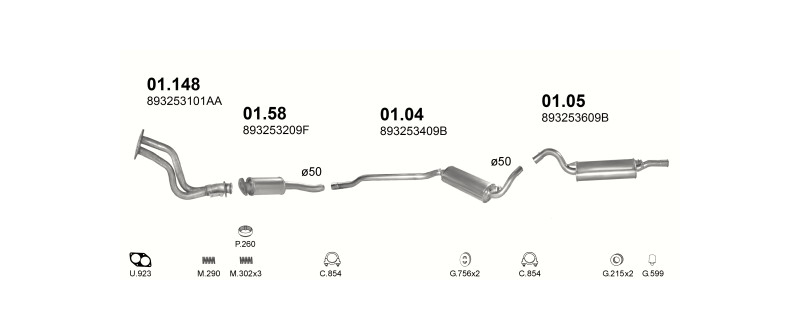 Schéma výfukového systému AUDI 80 1.9 – manuální převodovka – sestava 1