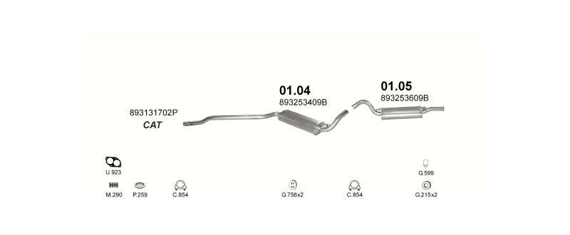Schéma výfukového systému AUDI 80 1.9 – manuální převodovka – sestava 2