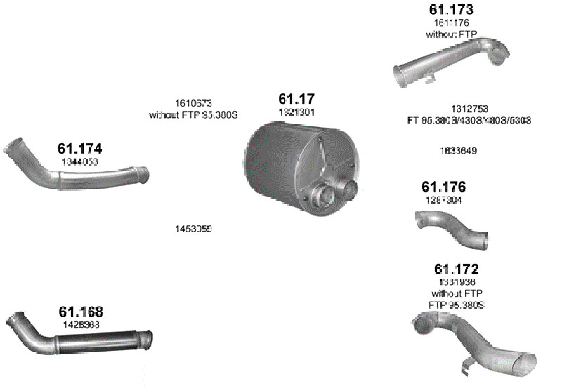 Schéma výfukového systému DAF XF 95 12.6 – 4X2 / 6X2 / 6X4 – sestava 1