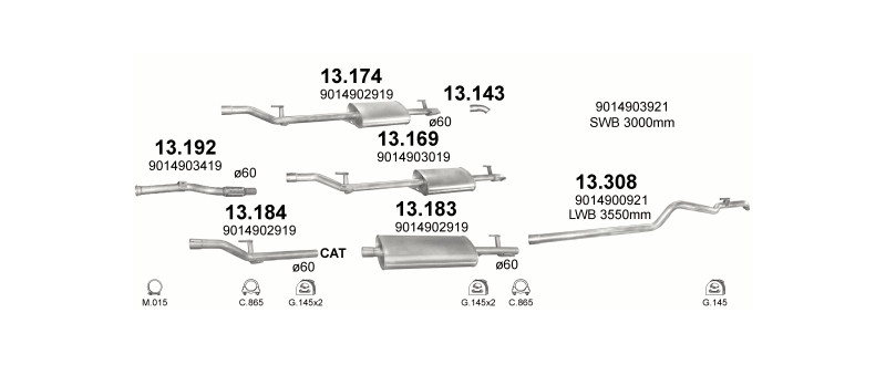 Schéma výfukového systému MERCEDES SPRINTER 2.7 D – 216 CDi Turbo Diesel