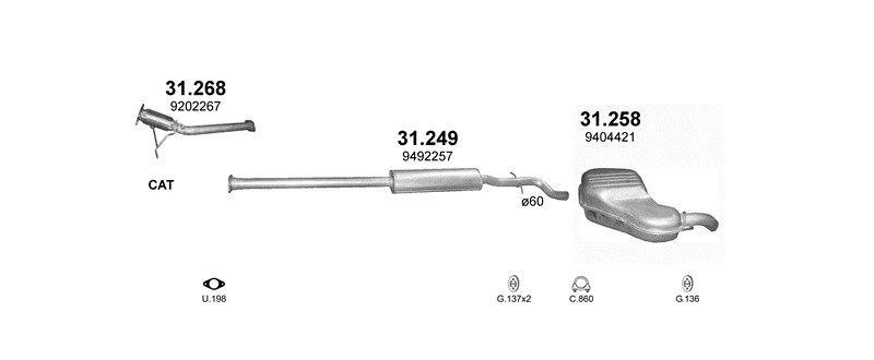 Schéma výfukového systému VOLVO S80 2.4 – 2.4i – sestava 2