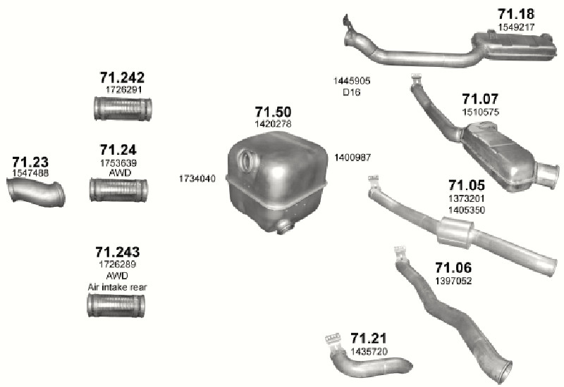 Schéma výfukového systému SCANIA P, R, T 15.6 – DC 16 ; 18/19/23,8/25,7/26 TON – sestava 1