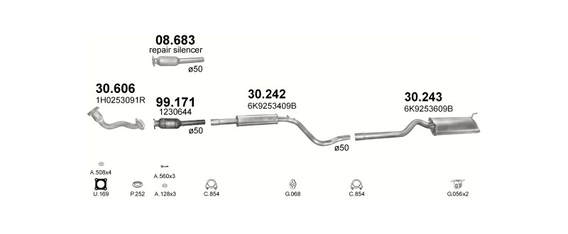 Schéma výfukového systému SEAT INCA 1.9 D – 1.9 SDi Diesel