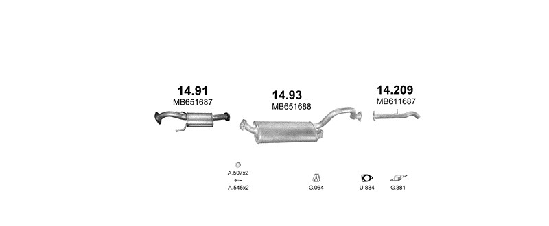 Schéma výfukového systému MITSUBISHI PAJERO 2.5 D – 2.5 TD 4x4 3D SWB 2350mm