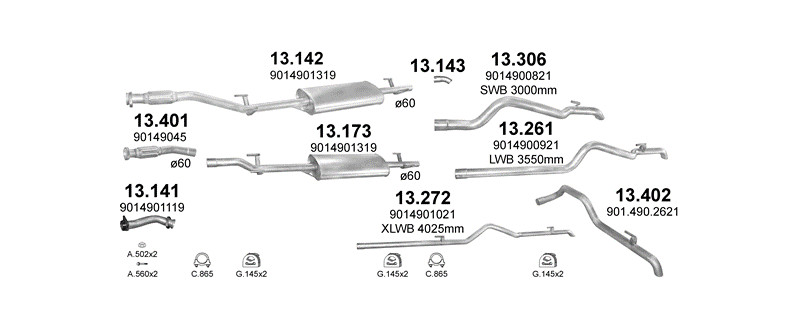 Schéma výfukového systému MERCEDES SPRINTER 2.9 D – 310D Turbo Diesel – sestava 1