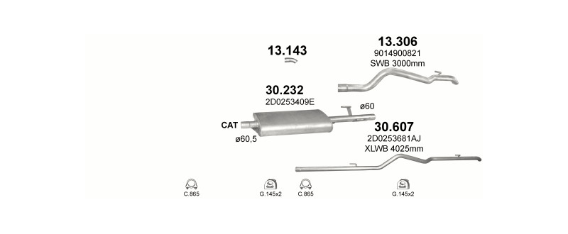 Schéma výfukového systému VOLKSWAGEN LT 2.5 D – 2.5 TDi Turbo Diesel – sestava 1